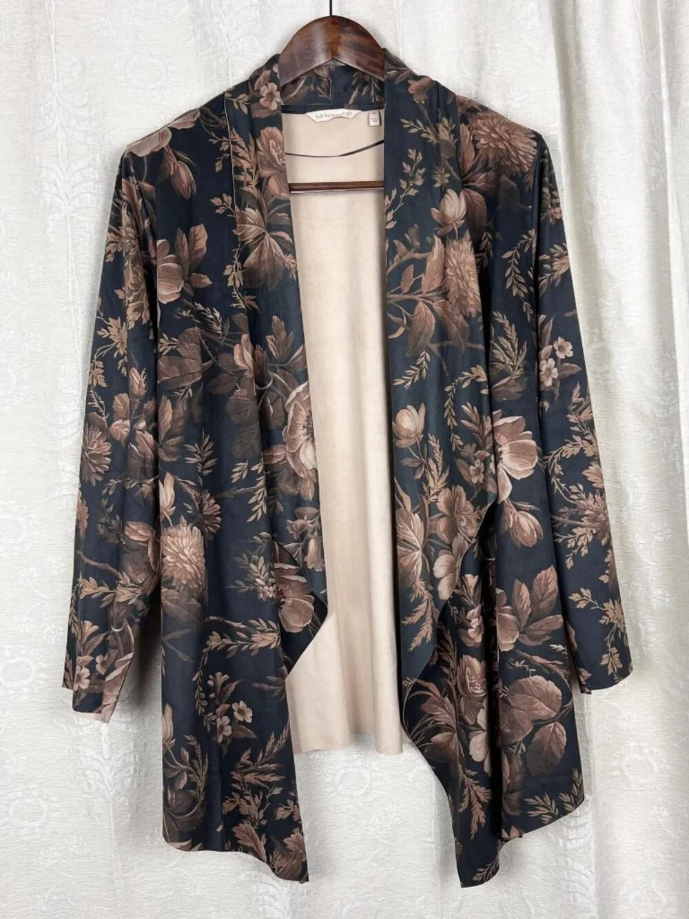 Soft Surroundings Shape Drape open jacket brown floral stretch faux suede boho